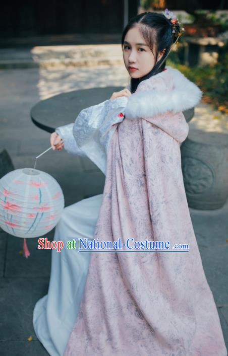 Chinese Traditional Costume Ancient Ming Dynasty Princess Embroidered Pink Cloak for Women