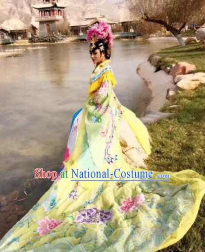 Chinese Traditional Tang Dynasty Embroidered Costume Ancient Imperial Consort Yellow Hanfu Dress for Women