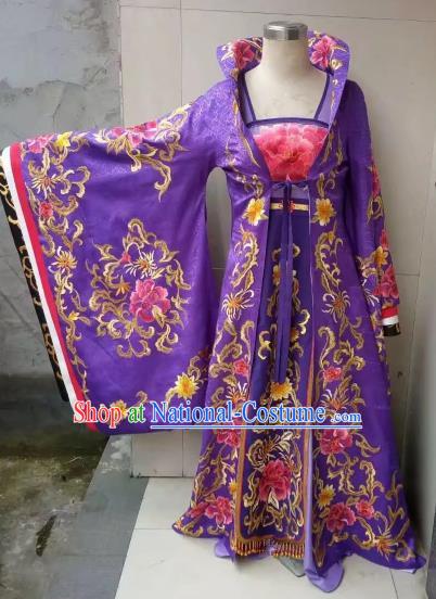 Chinese Traditional Tang Dynasty Embroidered Costume Ancient Imperial Consort Purple Hanfu Dress for Women