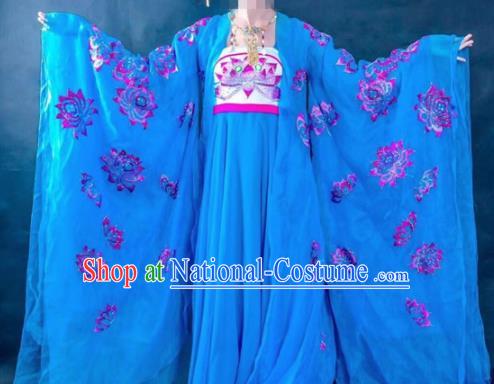 Chinese Traditional Tang Dynasty Embroidered Lotus Costume Ancient Imperial Consort Blue Hanfu Dress for Women