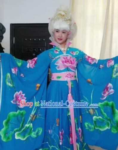 Traditional Chinese Tang Dynasty Costume Ancient Imperial Consort Embroidered Lotus Blue Hanfu Dress for Women