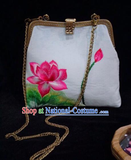 Chinese Traditional Embroidered Craft Handmade Embroidery Lotus White Bags for Women