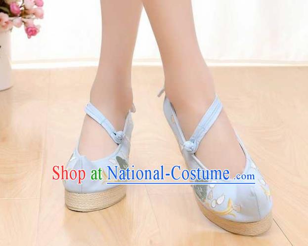 Chinese Traditional Classical Shoes Ancient Hanfu Shoes Blue Embroidered Shoes for Women