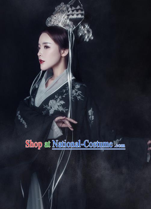 Traditional Chinese Ancient Tang Dynasty Queen Black Costumes and Headpiece Complete Set for Women