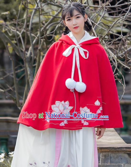 Traditional Chinese Ancient Princess Costumes Embroidered Lotus Red Cloak for Women