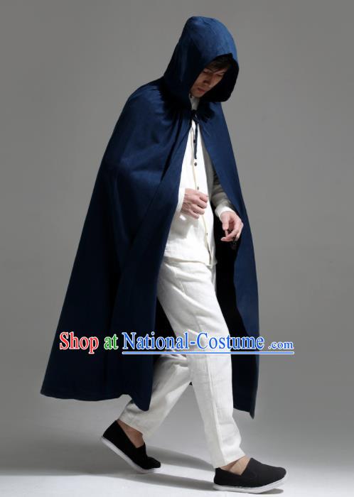 Chinese Traditional Ancient Swordsman Costumes Navy Cloak for Men