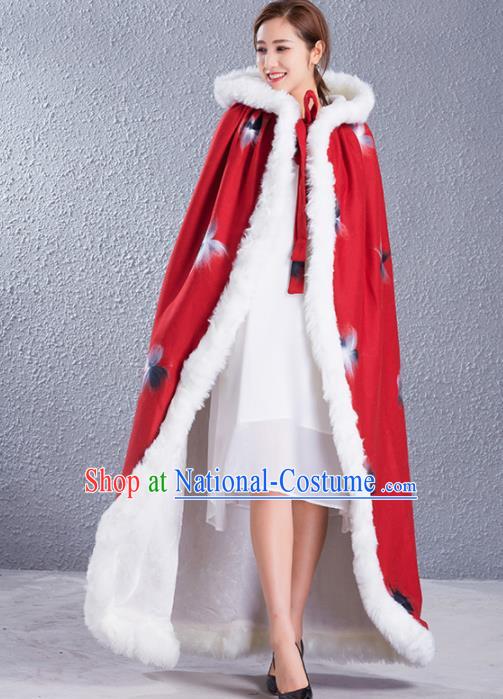 Traditional Chinese Ancient Princess Costumes Red Woolen Cloak for Women