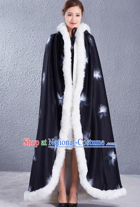 Traditional Chinese Ancient Princess Costumes Black Woolen Cloak for Women