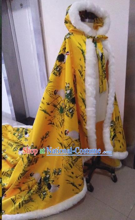 Traditional Chinese Ancient Costumes Hanfu Printing Crane Yellow Long Cloak for Women