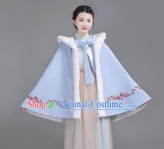 Chinese Traditional Costumes Ancient Hanfu Embroidered Blue Woolen Short Cloak for Women