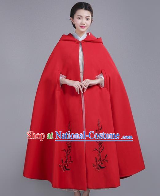 Chinese Traditional Costumes Ancient Hanfu Embroidered Red Woolen Cloak for Women