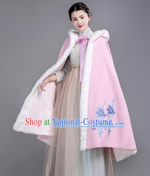 Chinese Traditional Costumes Ancient Hanfu Embroidered Pink Woolen Short Cloak for Women