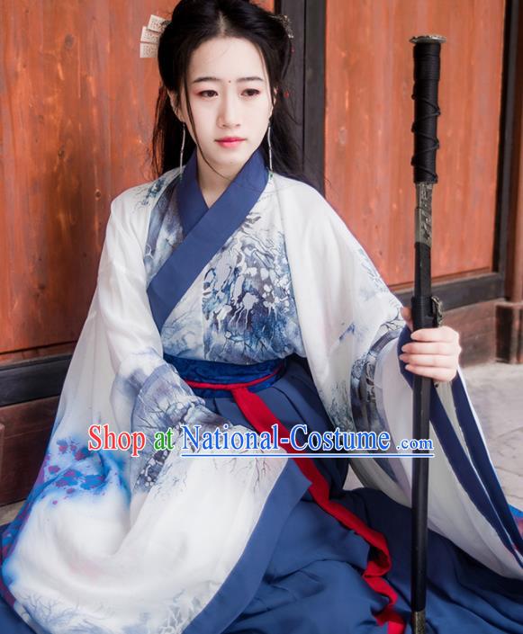 Chinese Traditional Hanfu Dress Ancient Jin Dynasty Swordswoman Costumes Complete Set