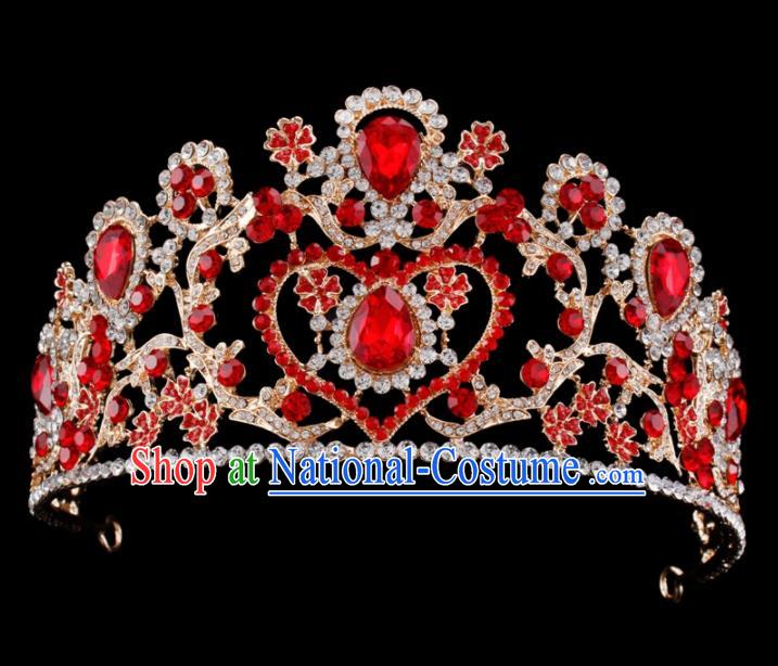 Baroque Style Bride Hair Accessories Queen Retro Red Crystal Royal Crown for Women