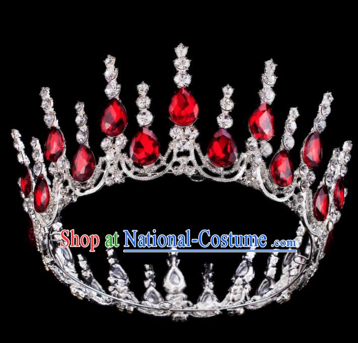 Baroque Wind Retro Hair Accessories Bride Red Rhinestone Round Royal Crown for Women