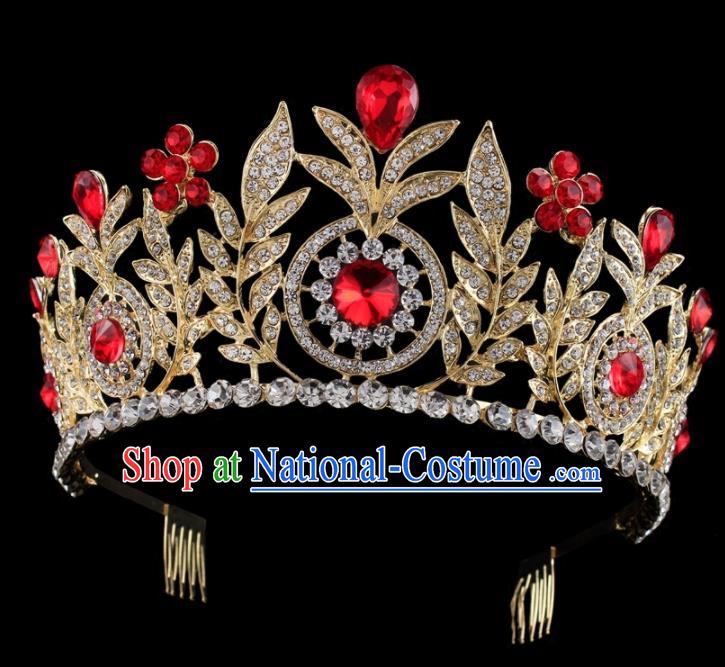 Top Grade Baroque Wind Retro Hair Accessories Bride Red Crystal Golden Royal Crown for Women