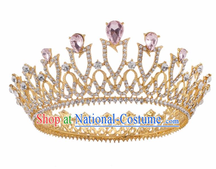 Top Grade Baroque Retro Wedding Hair Accessories Bride Pink Crystal Golden Royal Crown for Women