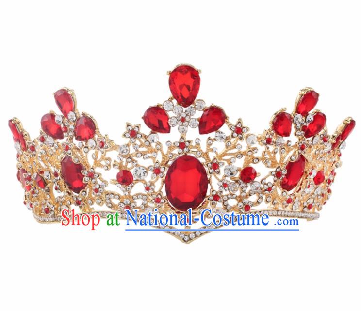 Top Grade Baroque Princess Retro Royal Crown Bride Red Crystal Wedding Hair Accessories for Women