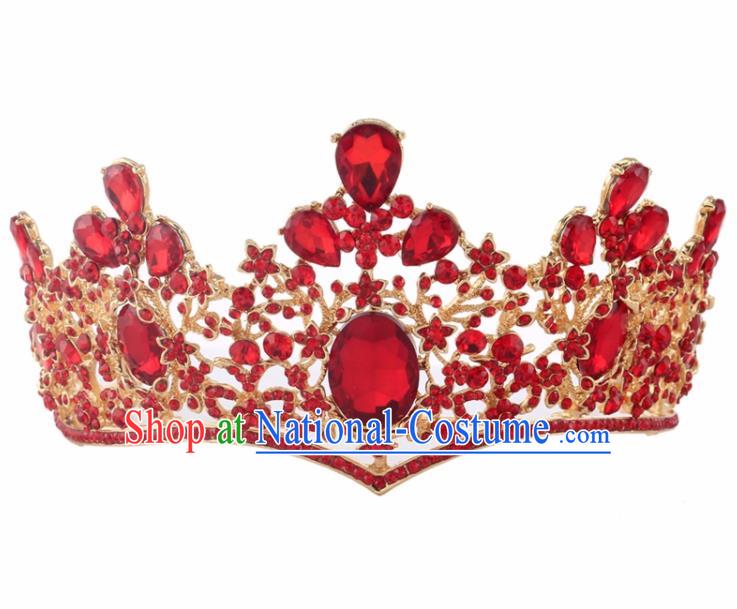 Top Grade Baroque Princess Retro Red Crystal Royal Crown Bride Wedding Hair Accessories for Women