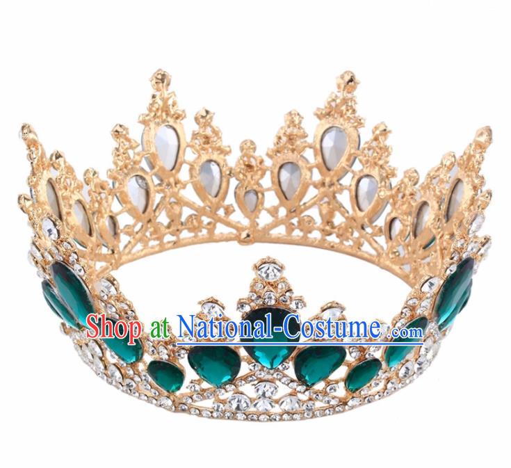 Top Grade Baroque Princess Retro Golden Round Royal Crown Bride Green Crystal Wedding Hair Accessories for Women