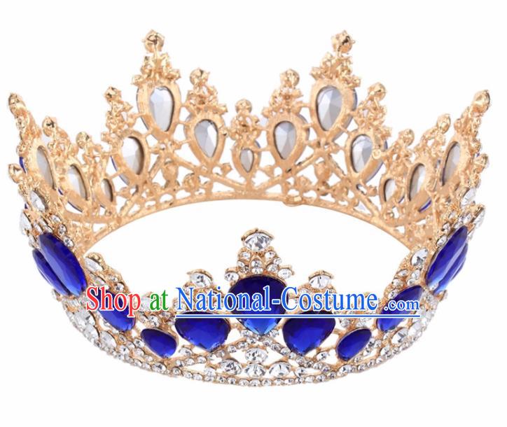 Top Grade Baroque Princess Retro Golden Round Royal Crown Bride Blue Crystal Wedding Hair Accessories for Women