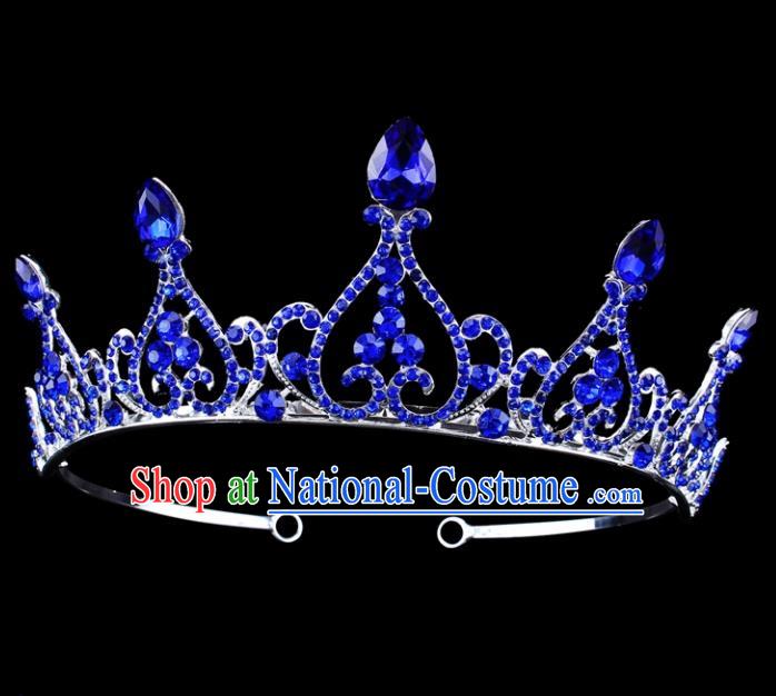 Top Grade Baroque Queen Blue Crystal Hair Clasp Royal Crown Bride Retro Wedding Hair Accessories for Women