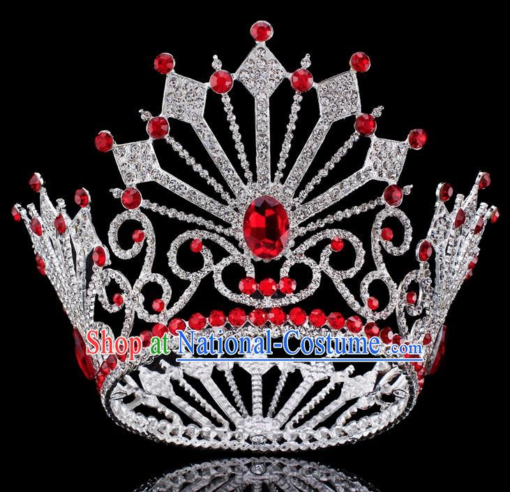 Top Grade Baroque Queen Red Crystal Royal Crown Bride Retro Wedding Hair Accessories for Women