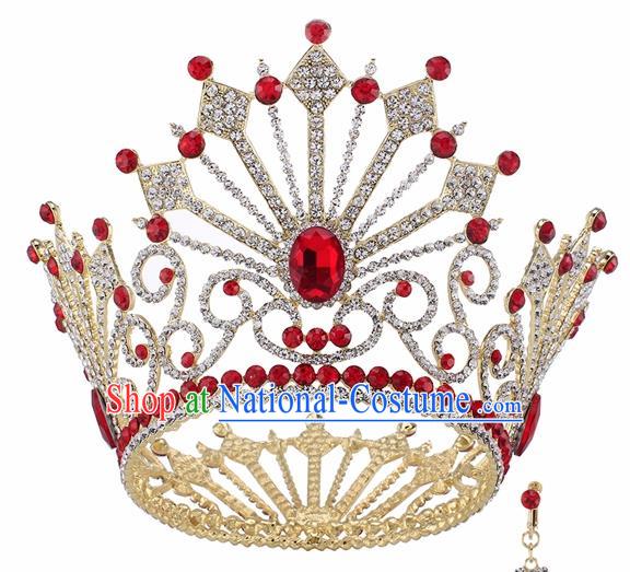 Top Grade Baroque Queen Red Crystal Golden Royal Crown Bride Retro Wedding Hair Accessories for Women