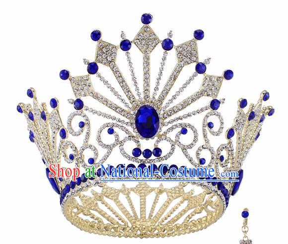 Top Grade Baroque Queen Blue Crystal Golden Royal Crown Bride Retro Wedding Hair Accessories for Women