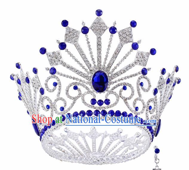 Top Grade Baroque Queen Blue Crystal Argent Royal Crown Bride Retro Wedding Hair Accessories for Women