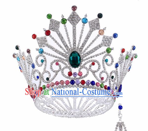 Top Grade Baroque Queen Colorful Crystal Argent Royal Crown Bride Retro Wedding Hair Accessories for Women