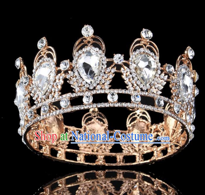 Top Grade Baroque Style Crystal Round Royal Crown Bride Retro Wedding Hair Accessories for Women