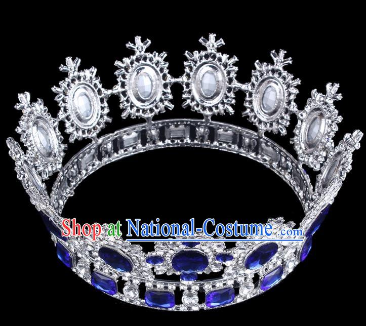 Top Grade Baroque Style Blue Rhinestone Royal Crown Bride Retro Wedding Hair Accessories for Women