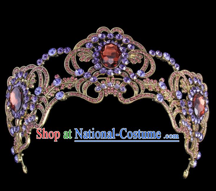 Top Grade Baroque Style Handmade Purple Crystal Royal Crown Bride Retro Wedding Hair Accessories for Women