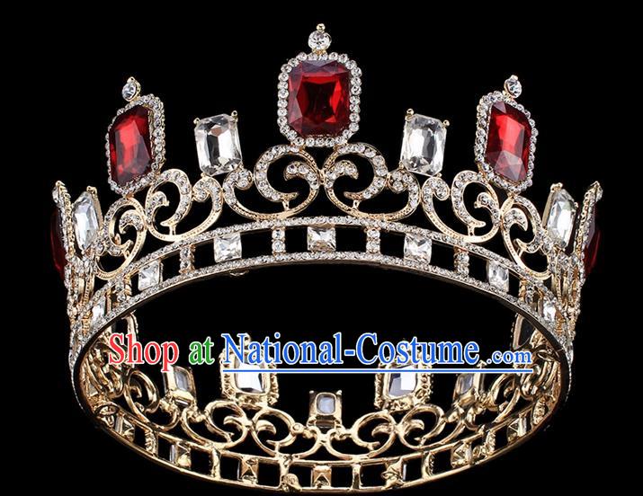 Handmade Wedding Queen Red Rhinestone Royal Crown Baroque Retro Hair Accessories for Women