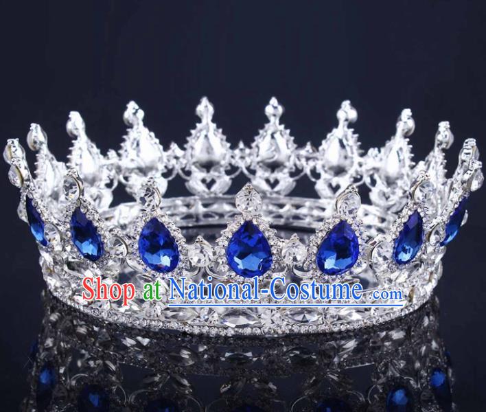 Handmade Wedding Bride Blue Rhinestone Hair Accessories Baroque Queen Retro Royal Crown for Women