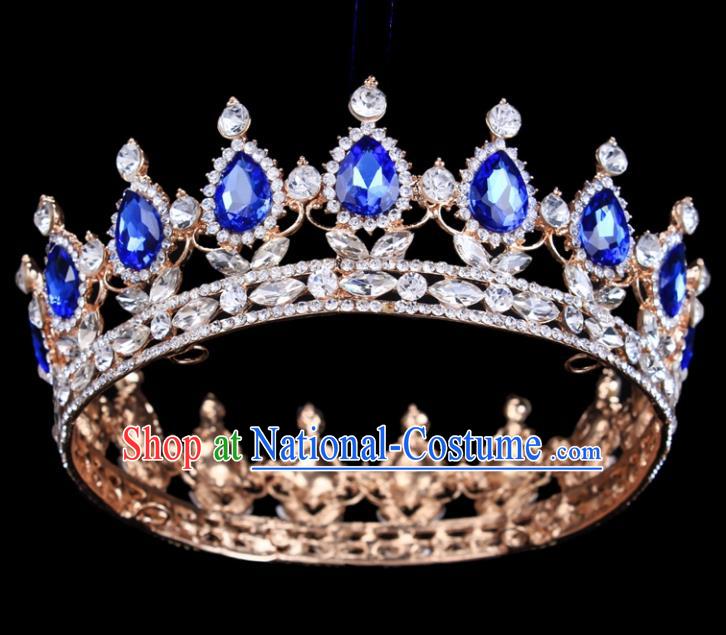 Handmade Wedding Bride Blue Rhinestone Hair Accessories Baroque Queen Retro Golden Royal Crown for Women