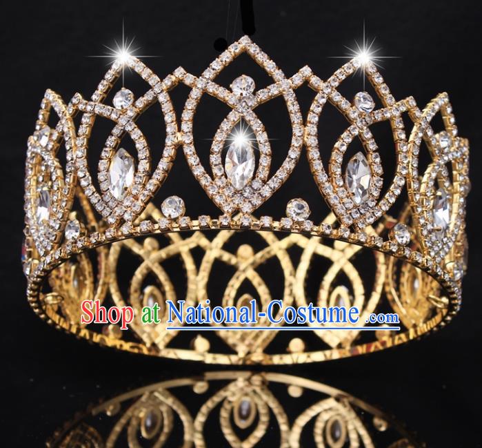 Top Grade Baroque Handmade Crystal Golden Royal Crown Bride Retro Wedding Hair Accessories for Women