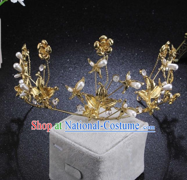 Top Grade Wedding Bride Pearls Hair Accessories Baroque Princess Retro Golden Flowers Royal Crown for Women