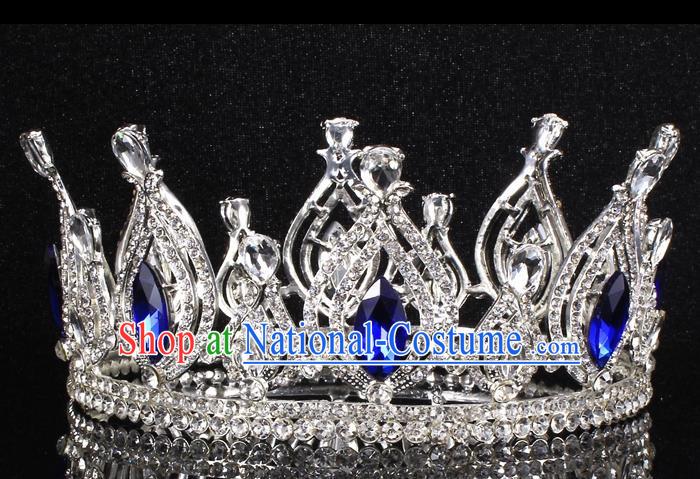 Top Grade Blue Crystal Royal Crown Baroque Princess Retro Wedding Bride Hair Accessories for Women