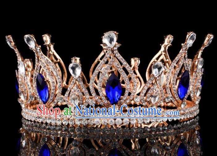 Top Grade Blue Crystal Golden Royal Crown Baroque Princess Retro Wedding Bride Hair Accessories for Women