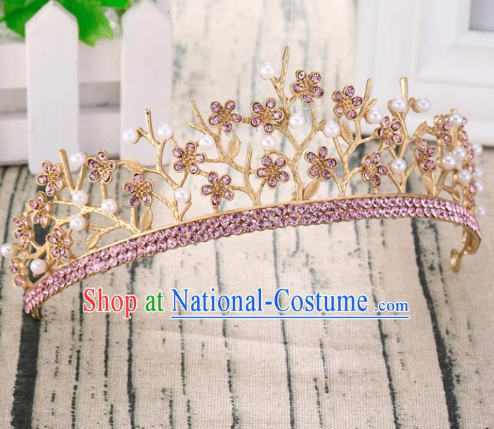 Top Grade Retro Pink Crystal Flowers Royal Crown Baroque Queen Wedding Bride Hair Accessories for Women