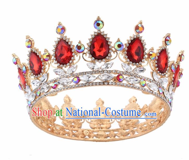 Top Grade Queen Retro Red Rhinestone Golden Royal Crown Baroque Wedding Bride Hair Accessories for Women