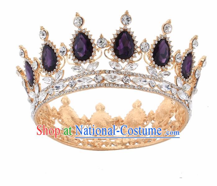 Top Grade Queen Retro Purple Rhinestone Golden Royal Crown Baroque Wedding Bride Hair Accessories for Women