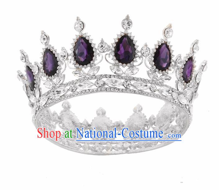 Top Grade Queen Retro Purple Rhinestone Royal Crown Baroque Wedding Bride Hair Accessories for Women