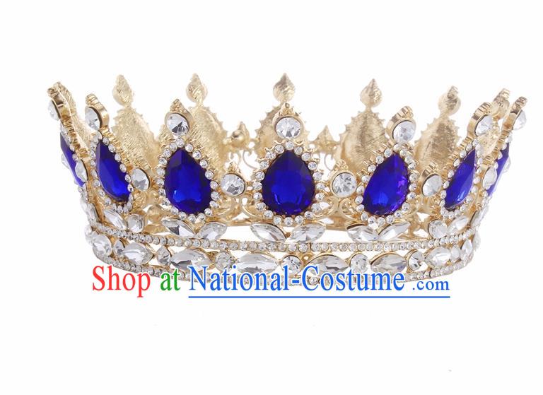 Top Grade Queen Retro Blue Rhinestone Golden Royal Crown Baroque Wedding Bride Hair Accessories for Women