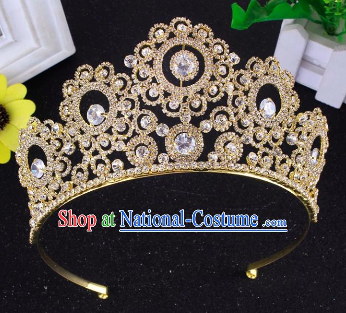 Top Grade Baroque Style Zircon Golden Royal Crown Bride Retro Wedding Hair Accessories for Women