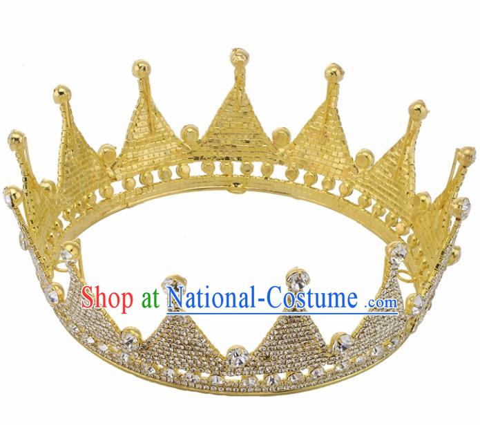 Handmade Top Grade Princess Crystal Golden Round Royal Crown Baroque Bride Retro Wedding Hair Accessories for Women