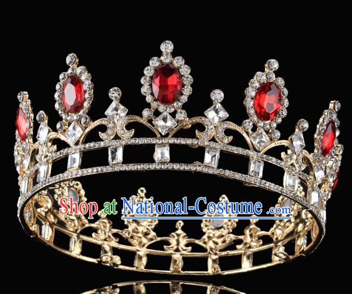 Handmade Top Grade Wedding Red Crystal Royal Crown Baroque Princess Retro Hair Accessories for Women