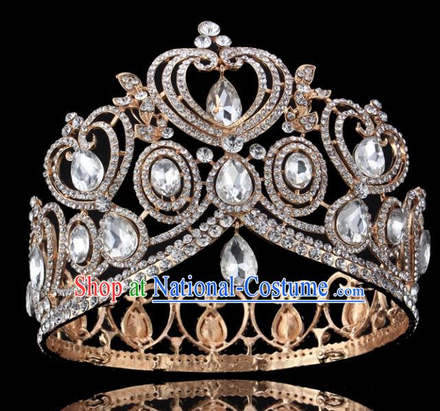 Top Grade Handmade Wedding Crystal Golden Royal Crown Baroque Retro Hair Accessories for Women